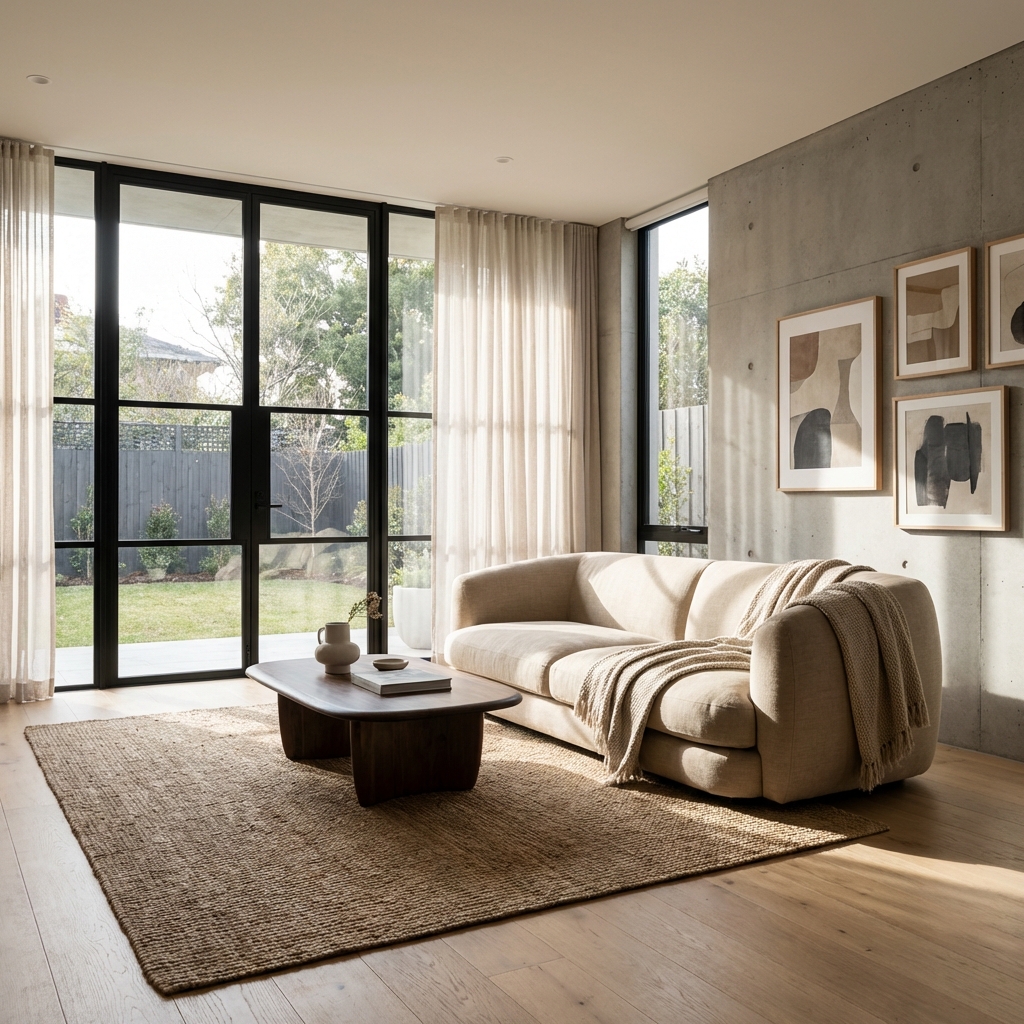 A beautifully designed modern living room with natural materials and soft light