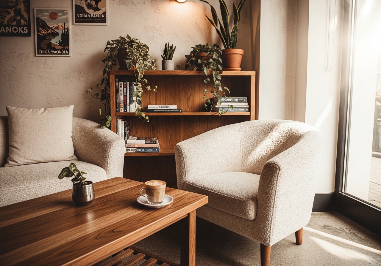 A warm and rustic cafe corner with wooden furniture and soft lighting
