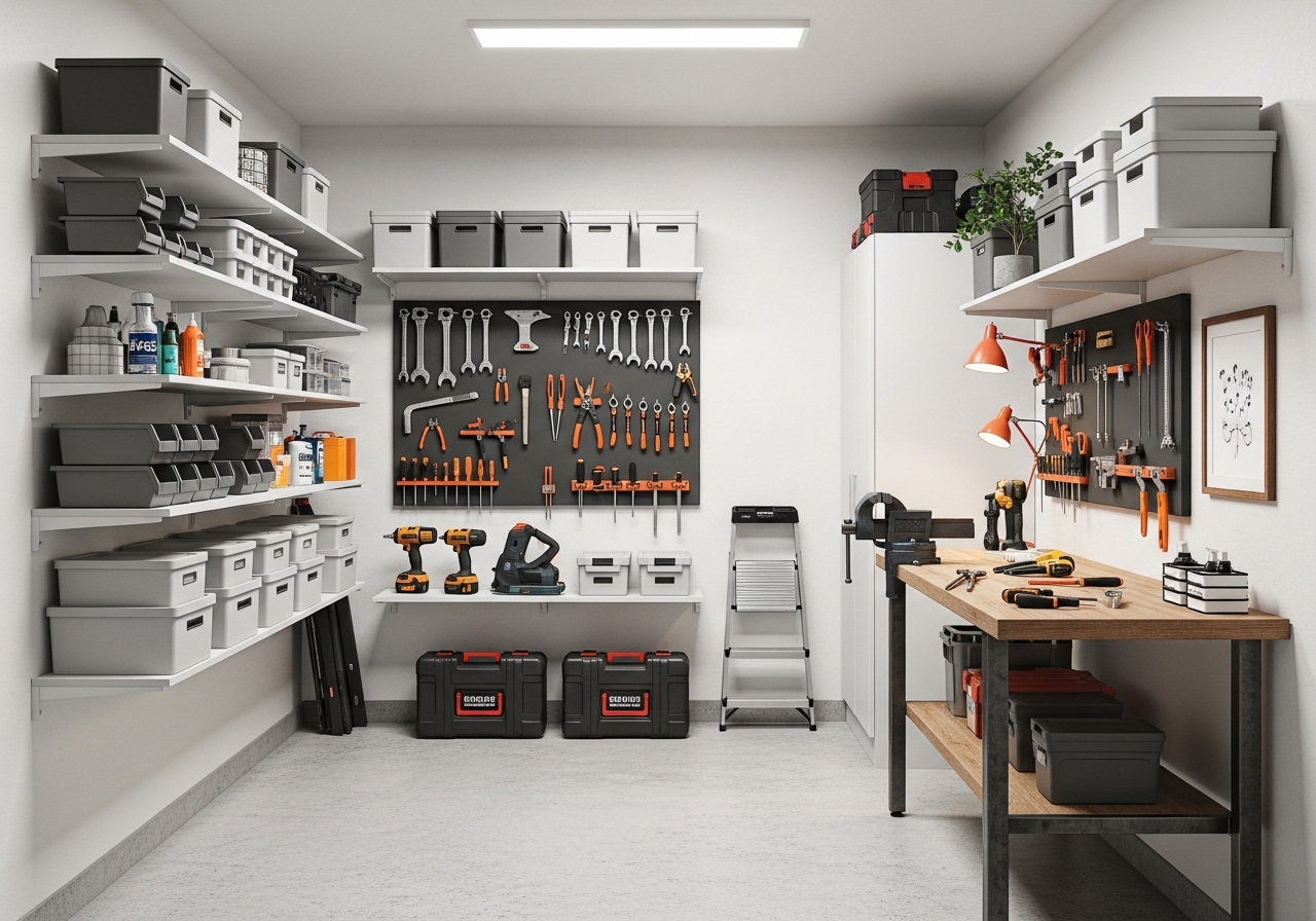 Organized small garage with wall-mounted shelving and tools